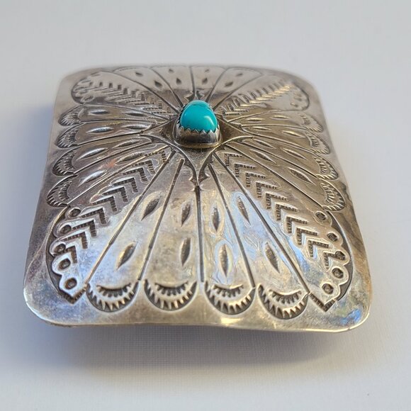 3"x2" Native American Navajo Sterling Silver Turquoise Hand Stamped Belt Buckle - Picture 5 of 8
